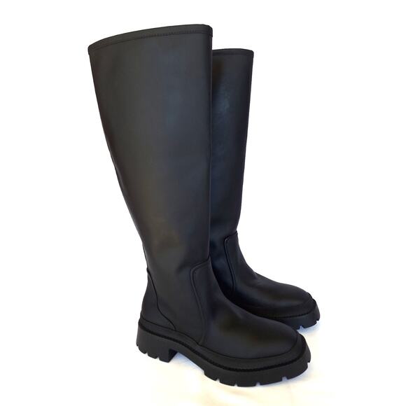 Zara Shoes Nwt Black Zara Rubberized Kneehigh Lug Sole Rain Boots